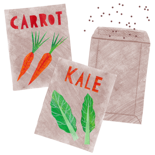 packets of carrot and kale and mystery seeds drawn by a very talented lesbian