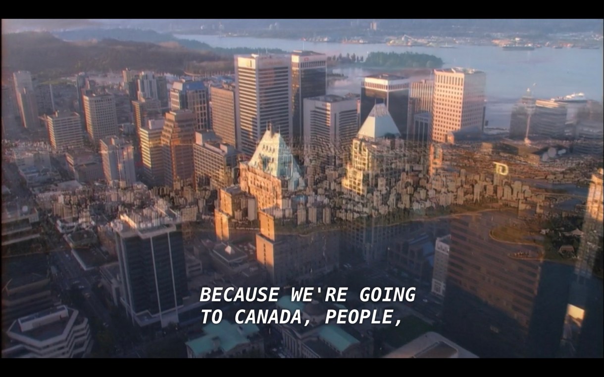 An aerial shot of skyscrapers. Offscreen, Alice says, "Because we're going to Canada, people."