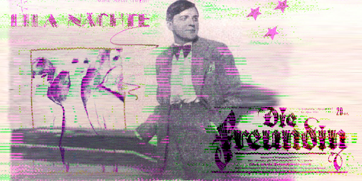 A photocomposition of 3 pieces of german LGBTQ history — the book cover for lila nächte, a portrait of