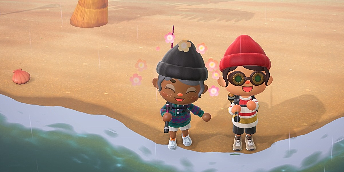 Two Animal Crossing neighbors, one who is brown and wearing a beanie, and one who is white wearing a red beanie, fish together while smiling.