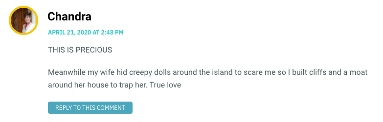 THIS IS PRECIOUS Meanwhile my wife hid creepy dolls around the island to scare me so I built cliffs and a moat around her house to trap her. True love