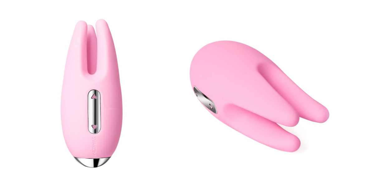 Images shows the Cookie Vibrator, a light pink three-pronged silicone vibrator 
