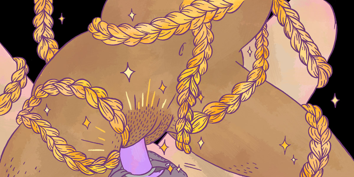 illustration of a woman riding a purple strap on, covered in sweat and wrapped in gold rope.