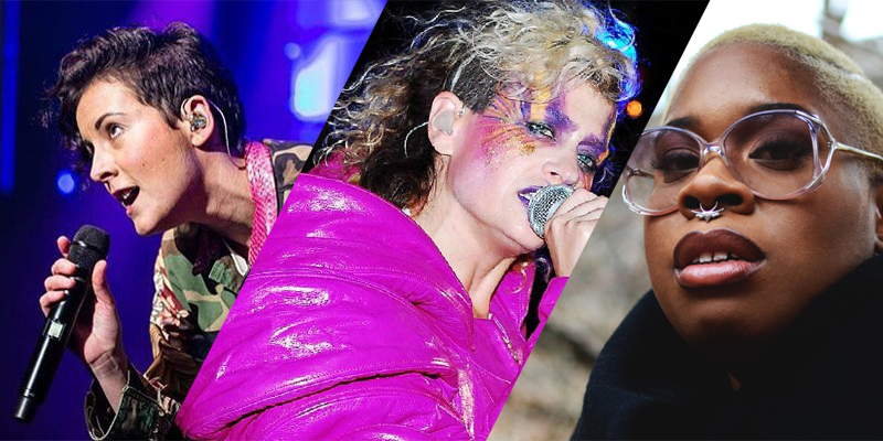 A collage of three queer Canadian musicians: First is Ria Mae, then Peaches, and last is Tika. Ria Mae and Peaches are performing on stage, while Tika stares directly into the camera.