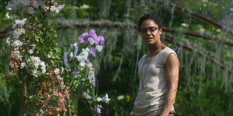 Tessa Thompson in a white tank stands next to colorful flowers.