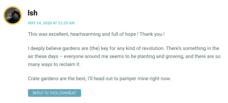 This was excellent, heartwarming and full of hope ! Thank you ! I deeply believe gardens are (the) key for any kind of revolution. There’s something in the air these days – everyone around me seems to be planting and growing, and there are so many ways to reclaim it. Crate gardens are the best, I’ll head out to pamper mine right now.