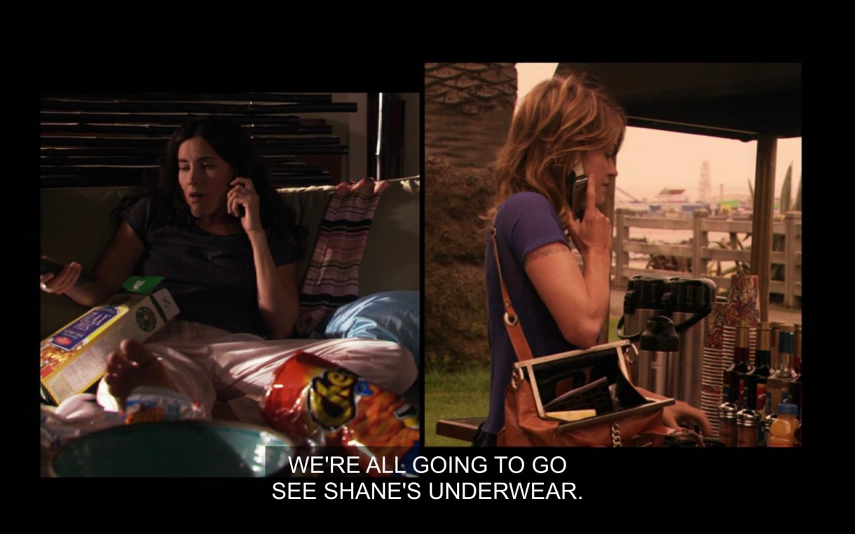 Side-by-side visual of Helena and Alice talking on the phone. Helena is on the couch surrounded by bags of chips. Alice is standing at an outdoor coffee cart. Alice says, "We're all going to go see Shane's underwear."