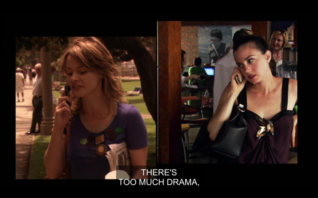 Side-by-side visual of Alice and Jenny talking on the phone. Alice is wearing a purple top and is outside talking on her cell phone. Jenny is wearing a blank tank top with a black purse on her shoulder, talking on her cell phone inside The Planet. "There's too much drama."