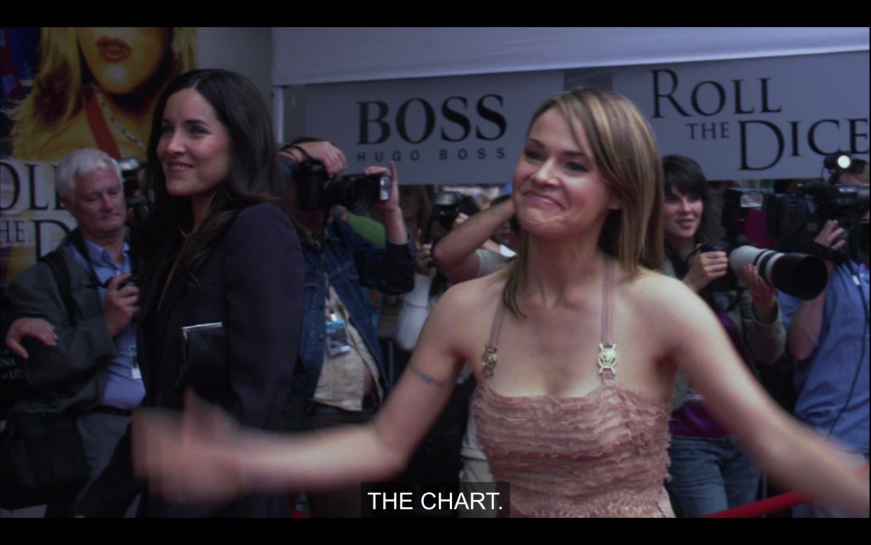 Alice (wearing a thin strap peach colored dress) and Helena (wearing a black blazer) are standing in a crowd of photographers. Alice says, "The Chart."