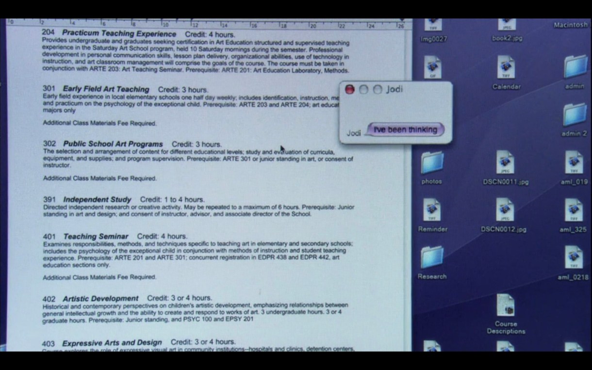 Bette's computer screen: a document with class summaries on it, and an IM from Jodi, reading "I've been thinking"