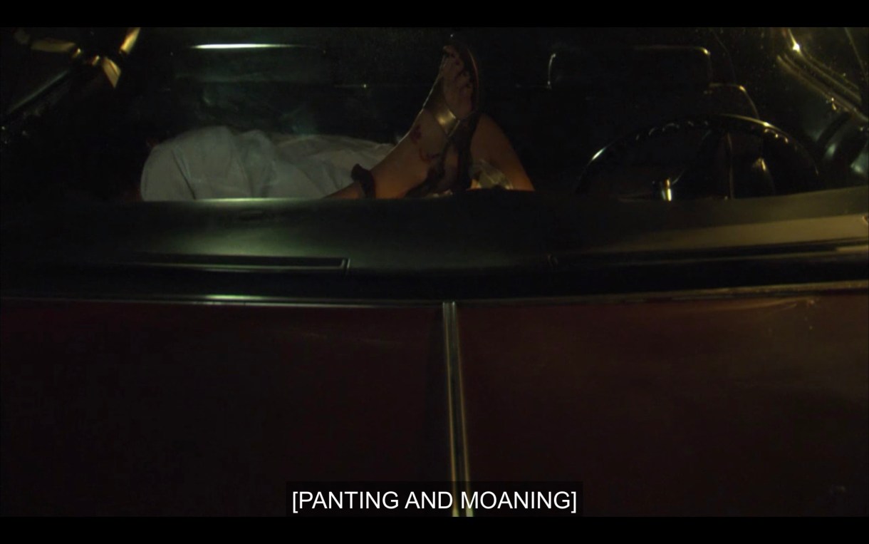 Looking through a windshield of a car, where a single foot is sticking up in the air as sexy shenanigans between Shane and Paige carry on inside. Subtitles read, "[Panting and moaning]"