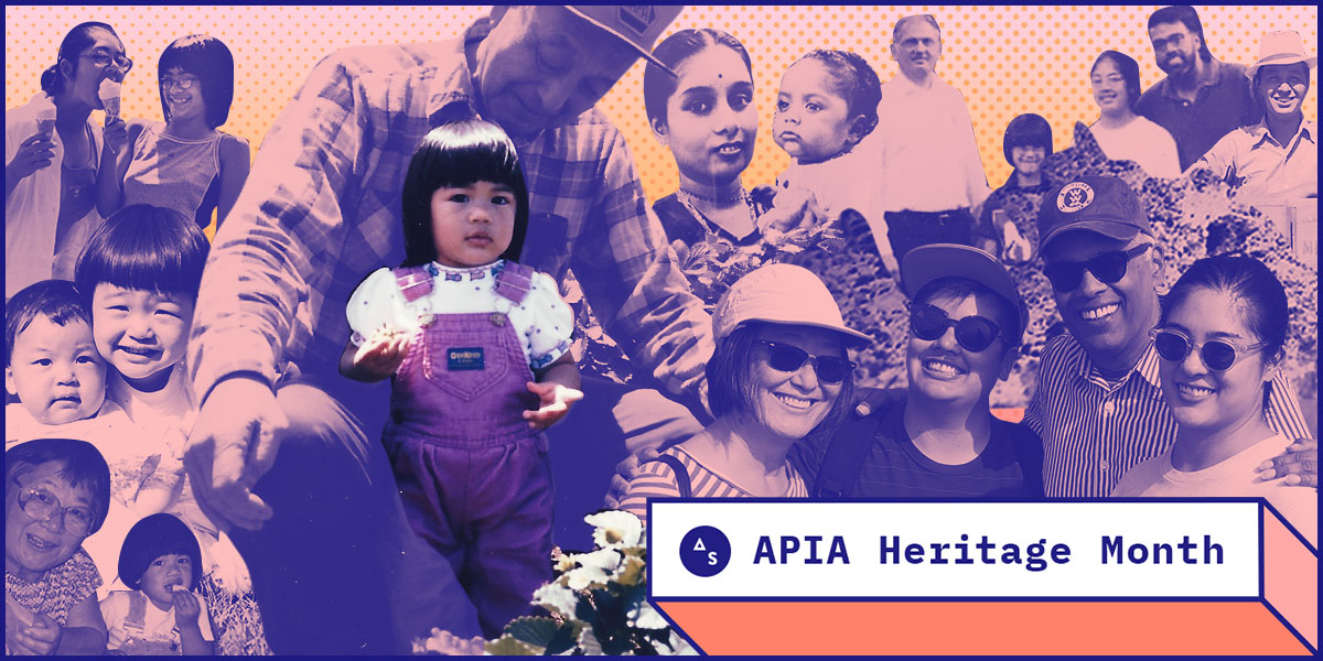 collage of photos of kamala puligandla's family, main image is toddler Kamala, posing with a strawberry in her hand, being held by her maternal grandfather. Autostraddle APIA Heritage Month