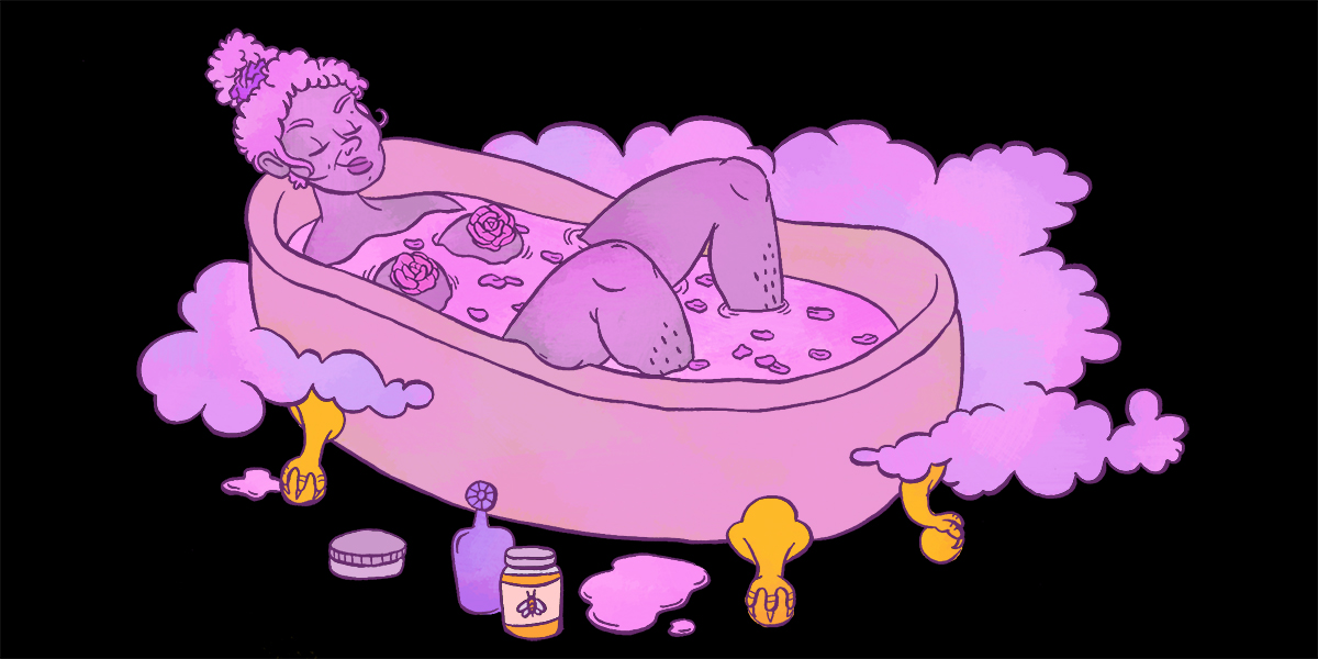 woman lays in a clawfoot bathtub full of rose petals, her breasts out of the water and nipples covered with roses, surrounded by steam, puddles, and honey.