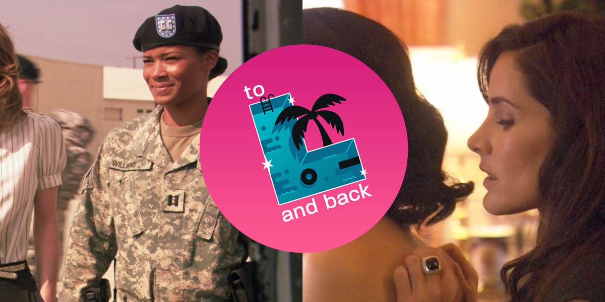 Split screen: Tasha in a military uniform on the left, Helena behind Catherine's naked body on the right. "To L and Back" logo in the middle.