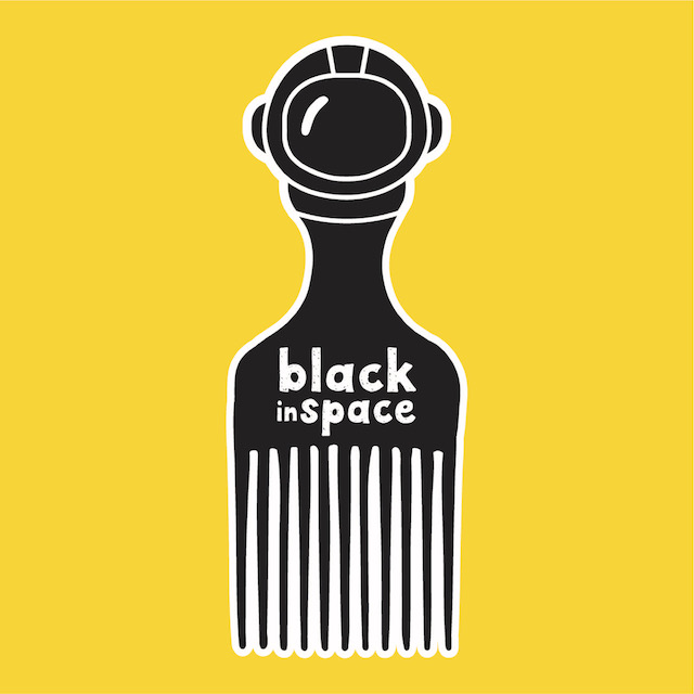 black comb with the phrase "black in space" on yellow background 