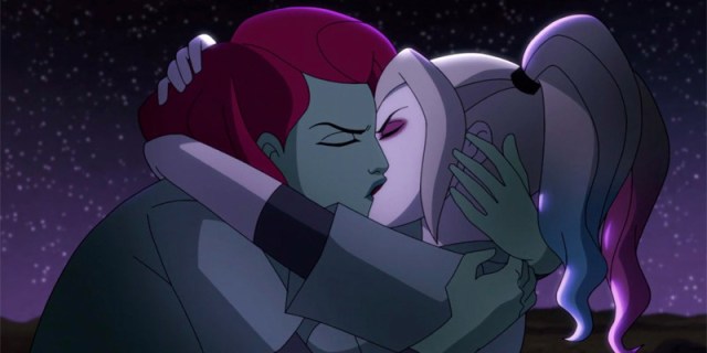 In Harley Quinn the animated series, Harley and Poison Ivy embrace for a kiss.