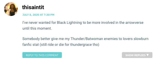 I’ve never wanted for Black Lightning to be more involved in the arrowverse until this moment. Somebody better give me my Thunder/Batwoman enemies to lovers slowburn fanfic stat (still ride or die for thundergrace tho)