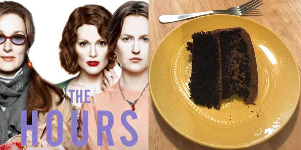 A collage of a poster from the movie "The Hours" starring Meryl Streep, Julianne Moore, and Nicole Kidman — along with a slice of homemade double chocolate cake on a yellow plate with a fork.