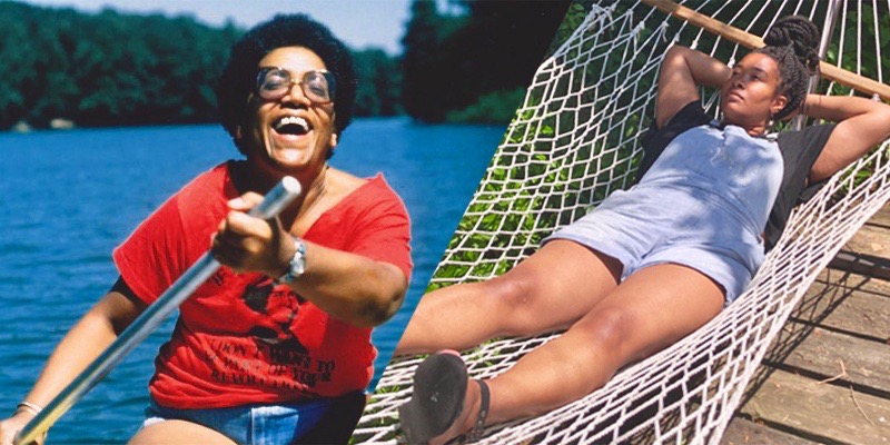 A collage of Audre Lorde, who is canoeing, and the author of the column, who is resting in a hammock during the summer.