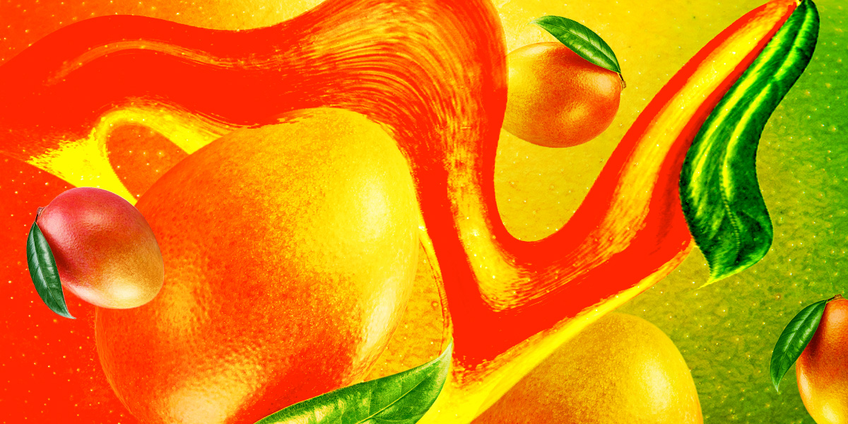 juicy mango patterns on a background of dewy mango skin, surrounded by a collage of liquified mango shapes