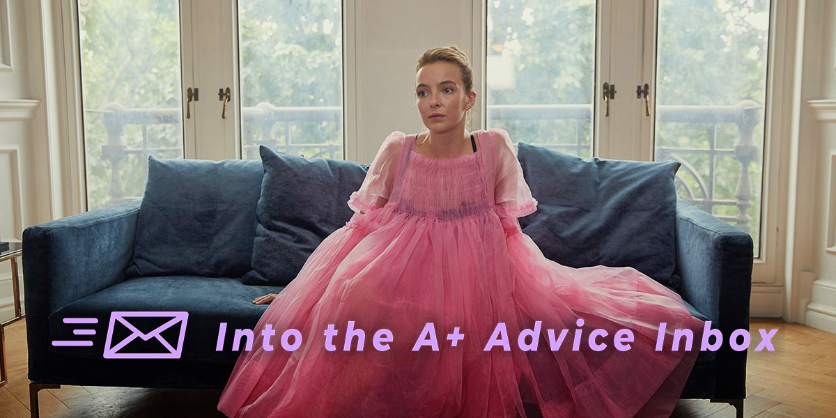 Villainelle from the show Killing Eve sits on a couch in a fluffy pink dress, receiving therapy