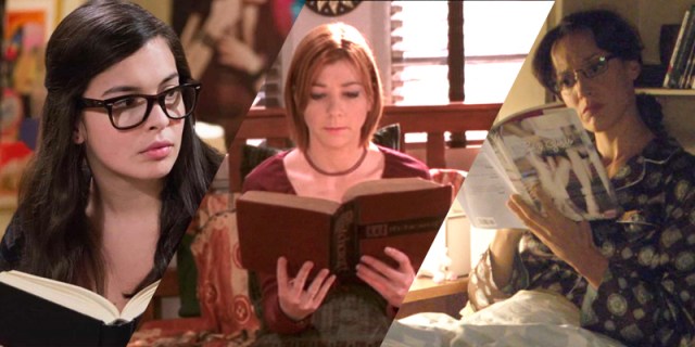 A collage of three queer TV characters reading books. Elena from One Day at a Time, Left to right: Willow from Buffy the Vampire Slayer, and Bette from The L Word.