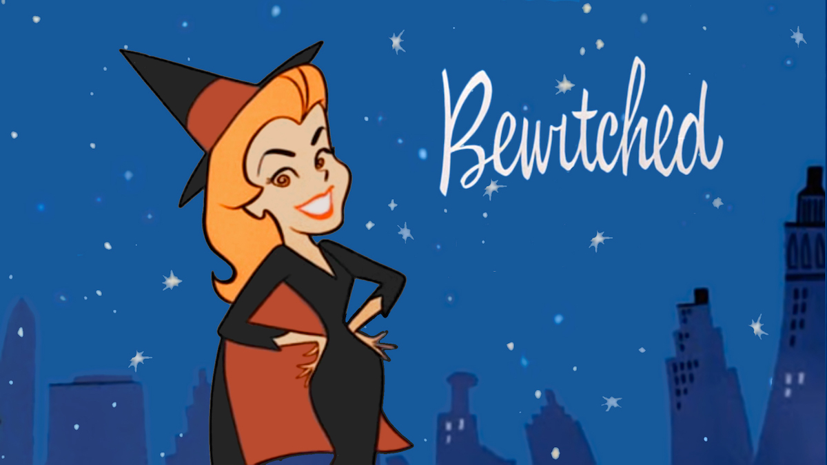 An illustration of Samantha from Bewitched dressed as a witch in a hat standing against a backdrop of a city skyline.
