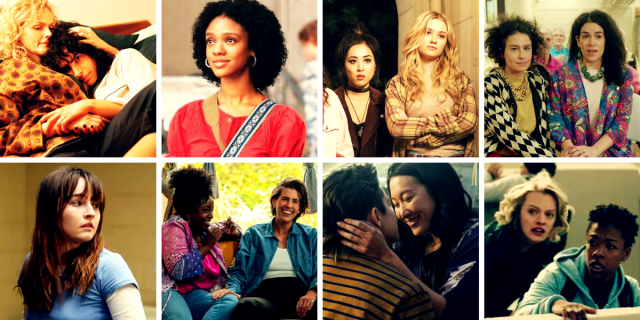 A collage of Hulu's lesbian and bisexual storylines, in a streaming graphic: The Bisexual, Little Fires Everywhere, Marvel's Runaways, Broad City. Row 2: Dopesick, Shrill, Good Trouble, Handmaid's Tale
