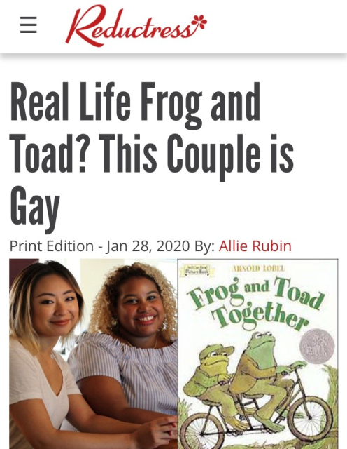 screenshot of Reductress with the headline: "Real life Frog and Toad? This couple is gay"