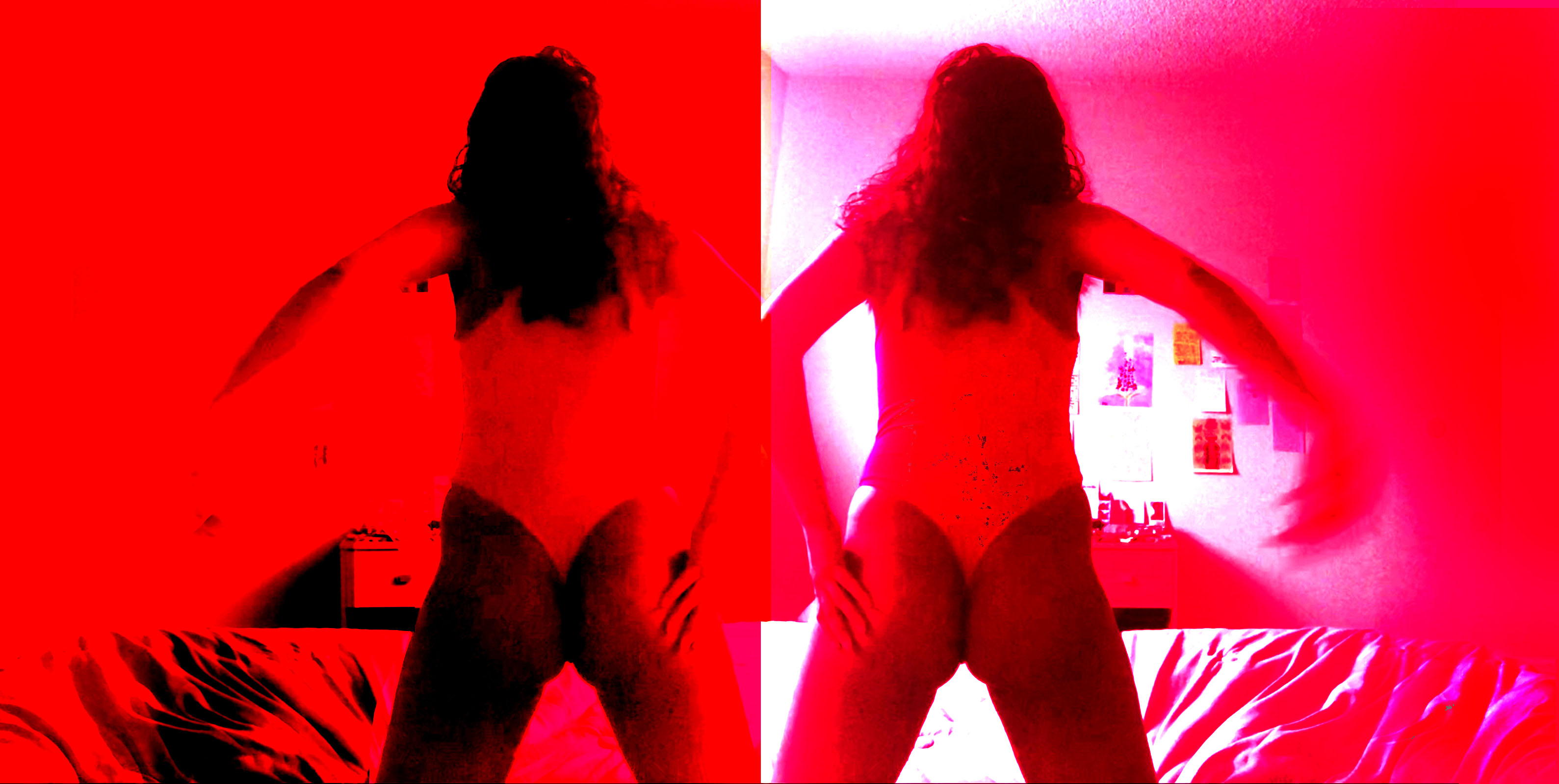 a double photo of a long-haired femme from behind, showing off her buttcheeks in a thong-backed body suit and the sides of her cheeks