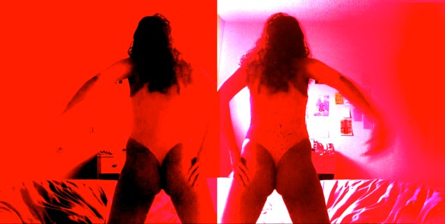 a double photo of a long-haired femme from behind, showing off her buttcheeks in a thong-backed body suit and the sides of her cheeks