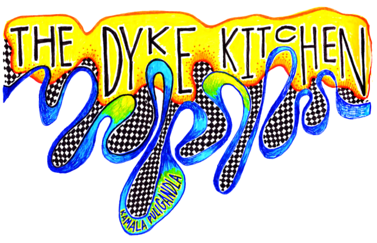 The Dyke Kitchen written over a drippy yellow shape that has checkerboard at the ends