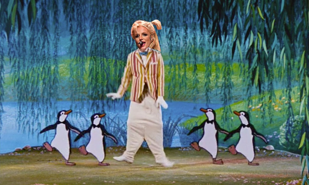 An image in which Heather has photoshopped Britney Spears' face onto Dick van Tracy's body from the scene in Mary Poppins where he dances with penguins