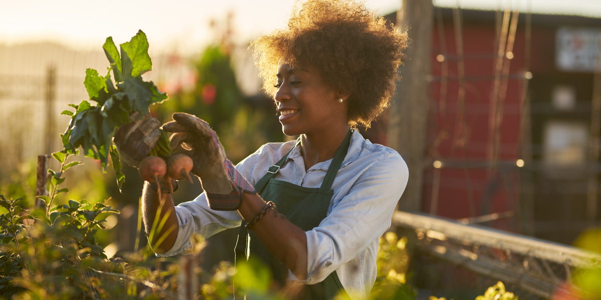 Black woman in a garden inspecting beets just pulled from the dirt and smiling