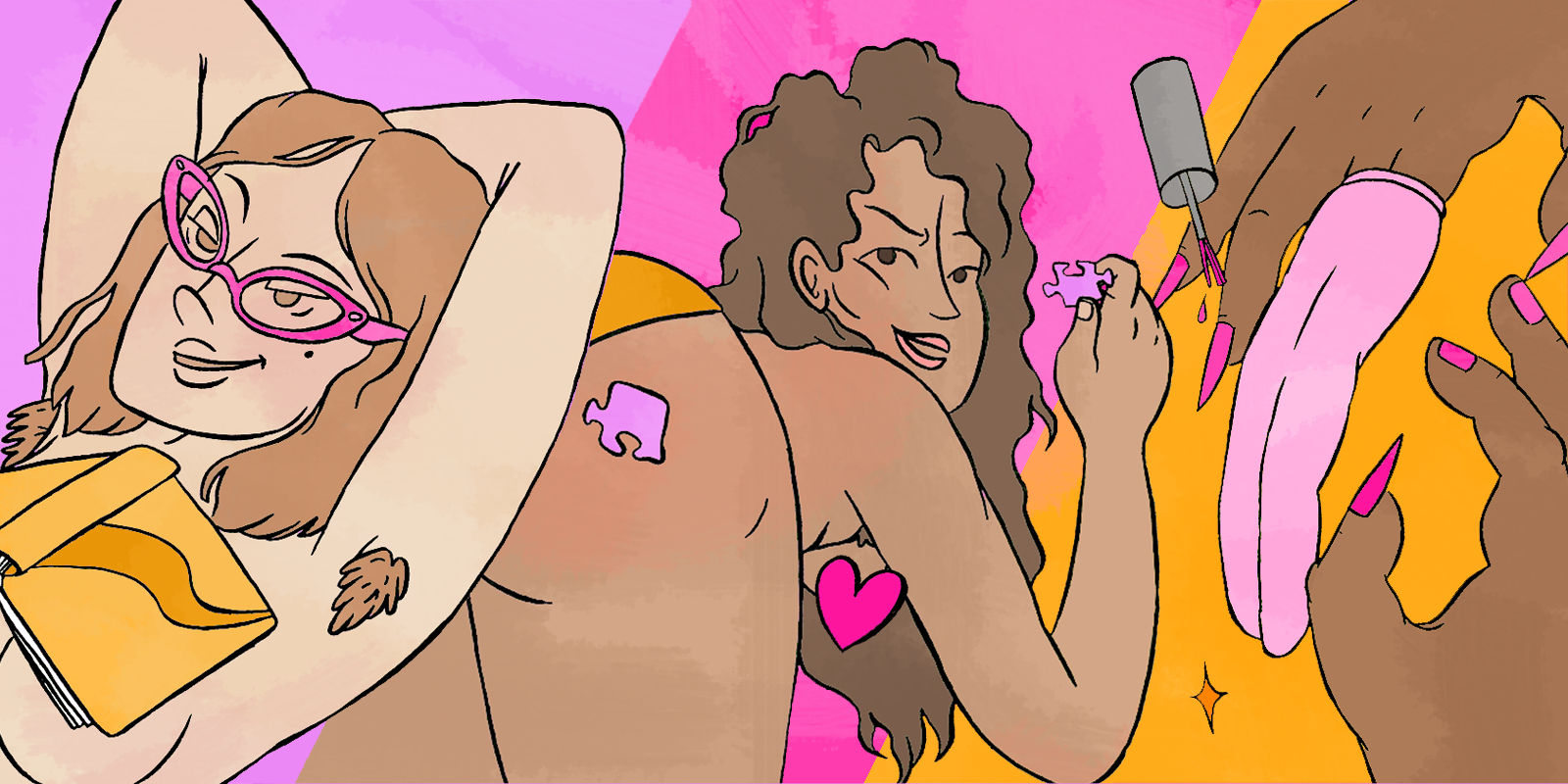 a triptych featuring three queer people in sexy situations - frame one is a girl laying back with her arms behind her head and a book on her chest, frame two is a person on their knees, holding up a puzzle piece with their butt in the air, frame 3 is two hands with painted fingernails, one of the hands has on a finger extender