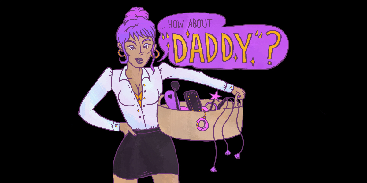 dom in a short black skirt holds a basket of sex toys with a speech bubble that says "how about DADDY"