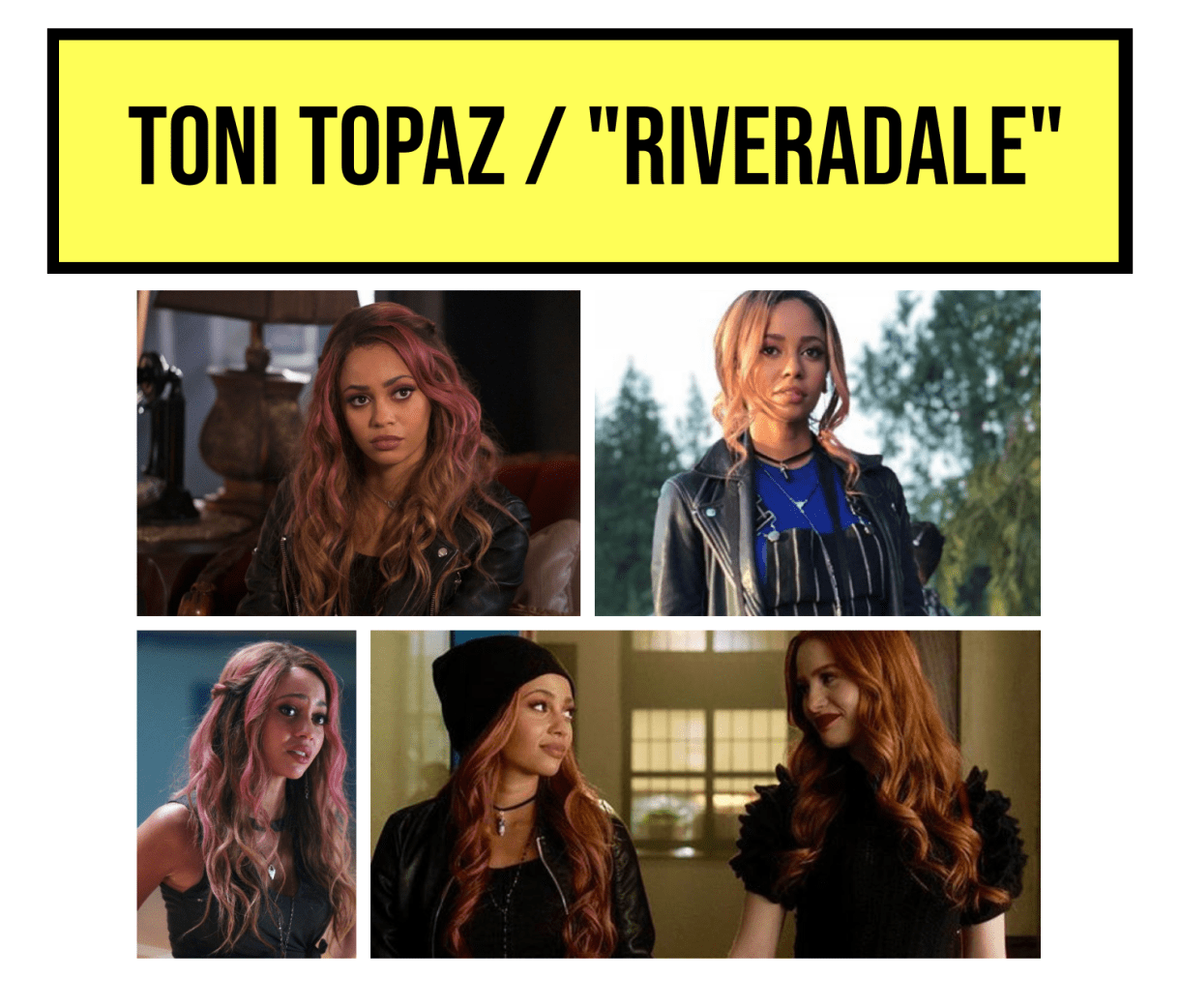 Collage of Toni Topaz's hairstyles from Riverdale