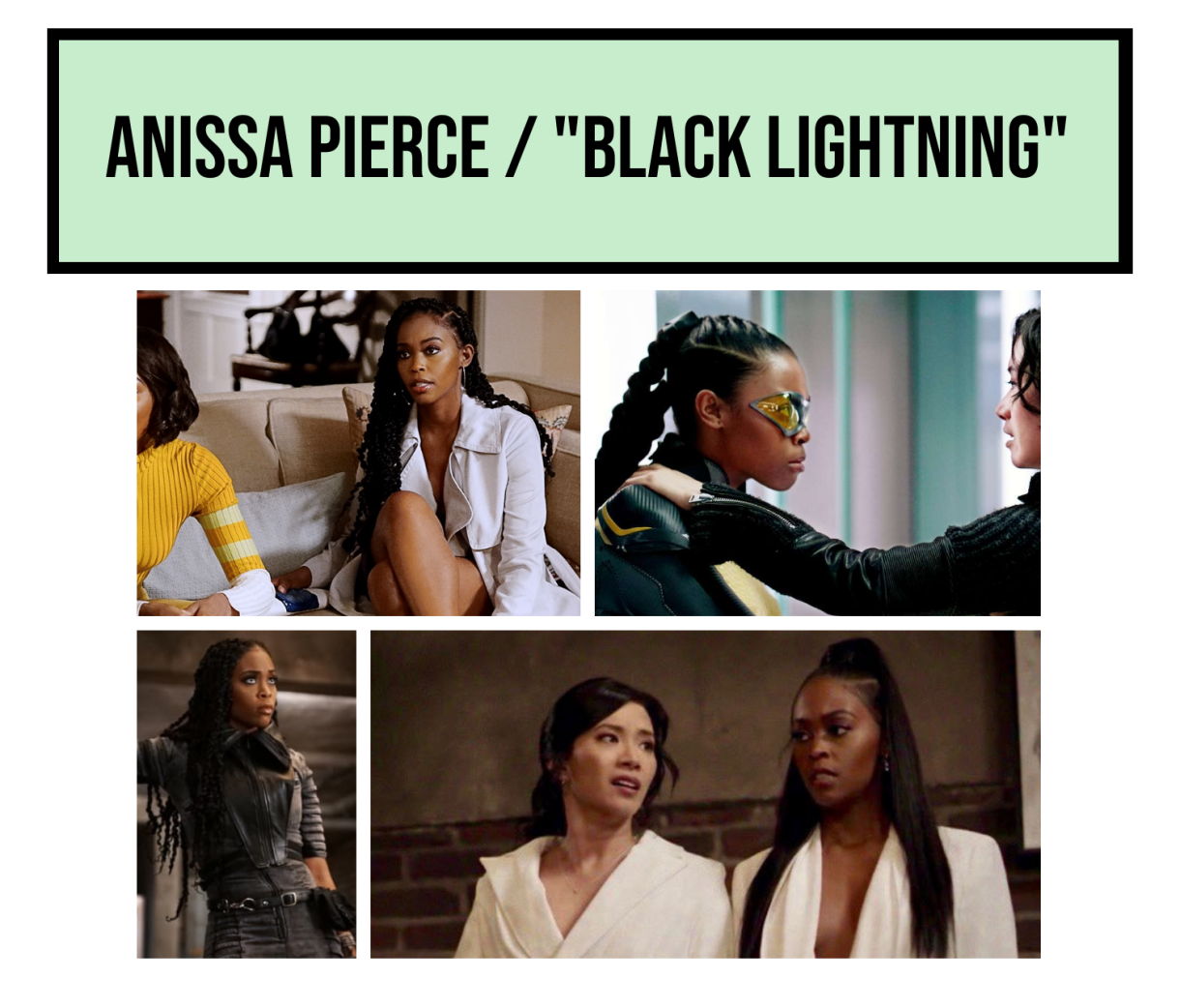 Collage of Anissa Pierce's hair, Black Lightning