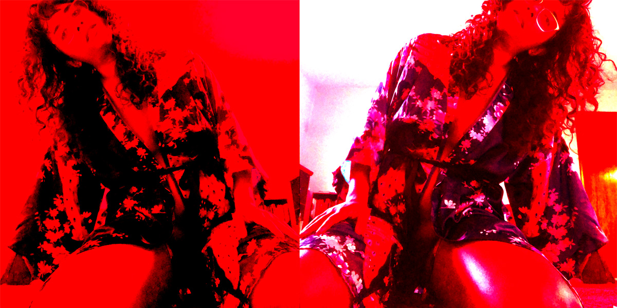 mirror image split screen of a femme of color sitting on their knees in a sexy floral robe, hair down, leaning to the right. there's a red treatment over the photo for a little extra erotic style.