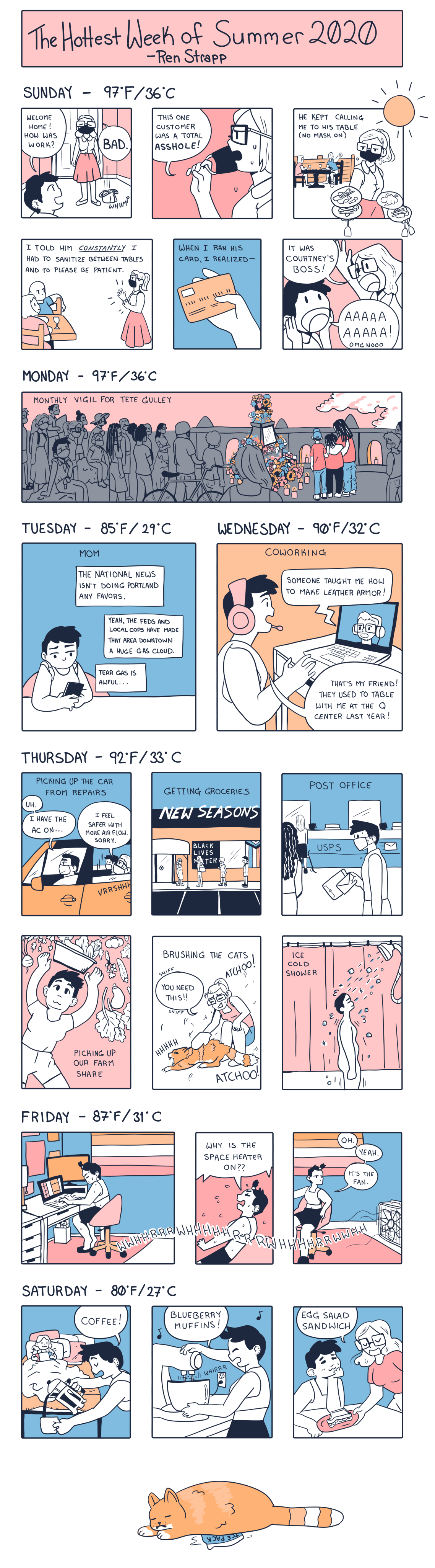 A cartoon with the palette of peachy-pink, sky blue, and tangerine orange. The comic depicts a fictional week in Portland known as "The Hottest Week of Summer 2020." Queers in the service industry are forced to serve customers without masks, there's a vigil for black lives who have been murdered by the police, the Portland protests continue, fans continue to blow around hot air in record high temperatures, and a cat sleeps on an ice pack.