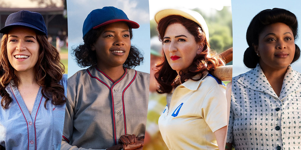 The cast of Amazon's new series A League of Their Own, based on the movie of the same name, dressed in costume. From Left to Right: Abbi Jacobson, Chanté Adams, D’Arcy Carden, and Gbemisola Ikumelo