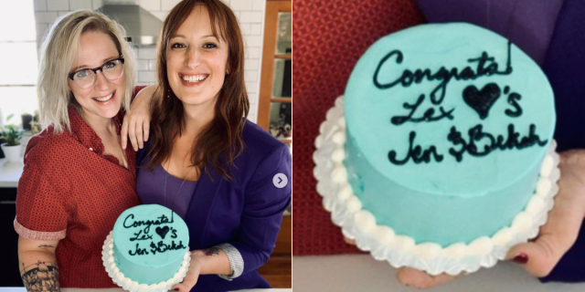 A collage of Jen Richards and her fiancée holding a cake in the Lex turquoise color. The cake reads "Congrats! Lex Loves Jen & Bekha"