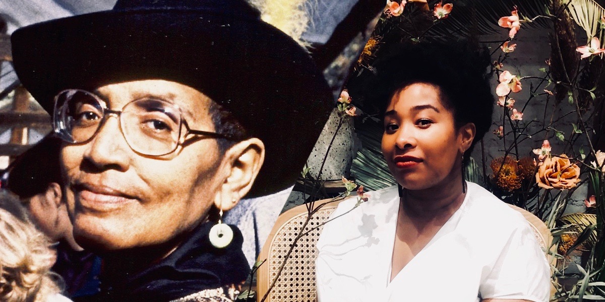 A collage of Audre Lorde looking directly into the camera with Jehan, the author, looking directly over her shoulder also at the camera. The color palette of the collage is warm like the sun, with yellows and oranges.