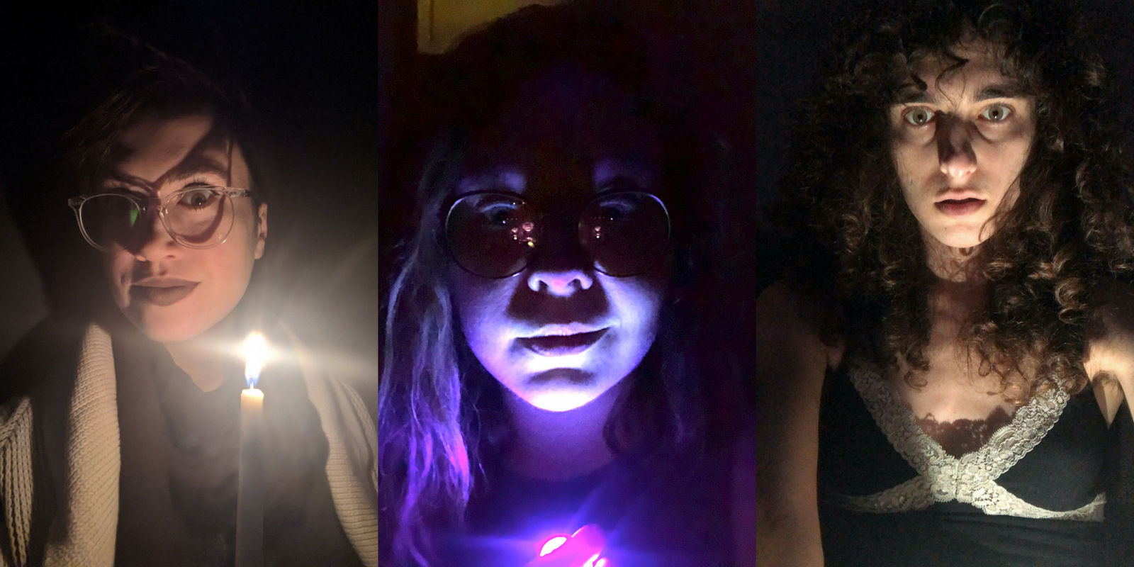 Feature image showing Nicole, Rachel, and Drew with lights under their chins. Spooky!