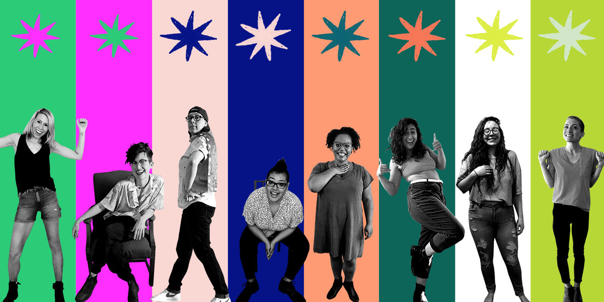 A collage of the Autostraddle senior staff members in black&white cut outs against a neon, multi-colored stripped background. From left to right Riese, Nicole, Heather, Kamala, Carmen, Sarah, Rachel and Laneia look hopeful, excited, a little silly, a little elated.