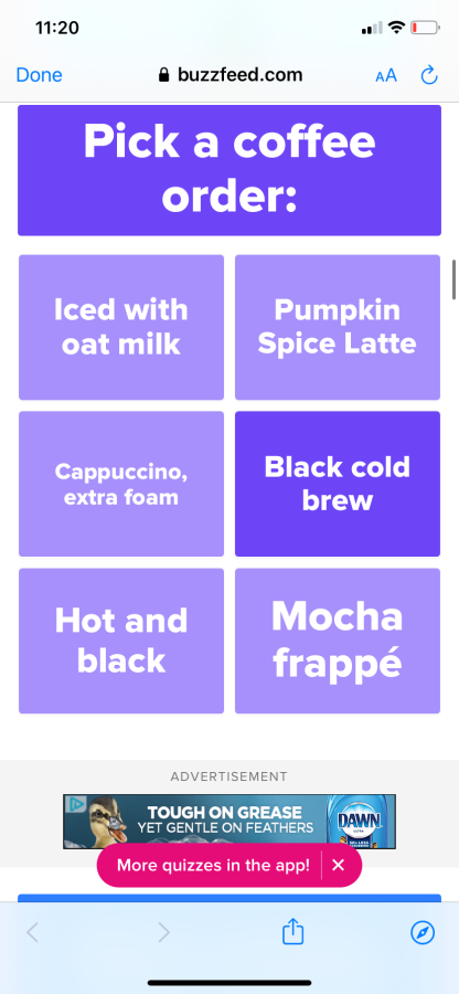 a choose-your-phrase graphic that lists "iced with oat milk," "pumpkin spice latte," "cappucino, extra foam," "black cold brew," "hot and black," or "mocha frappé"