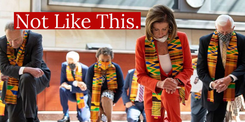 Nancy Pelosi and the house Democrats kneel on the House of Representative floor while wearing kente cloth, this is an example of performative allyship.