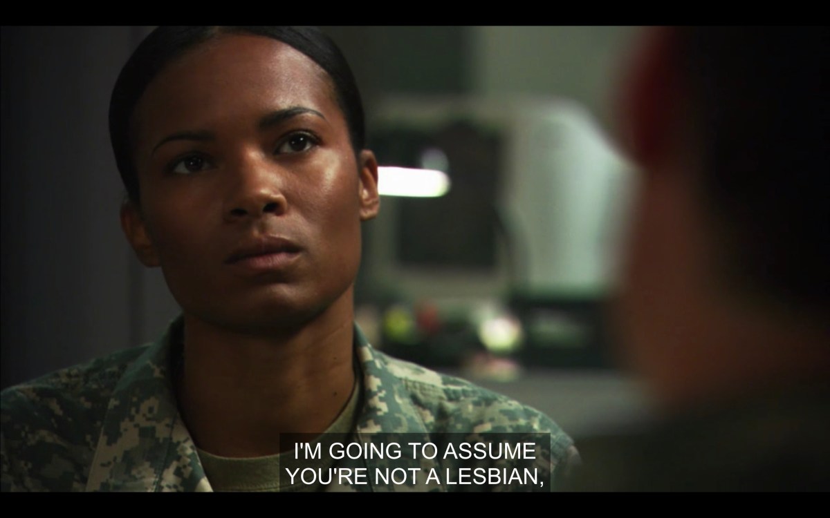 Tasha is annoyed in her meeting with her counsel, who is saying "I'm going to assume you're not a lesbian."