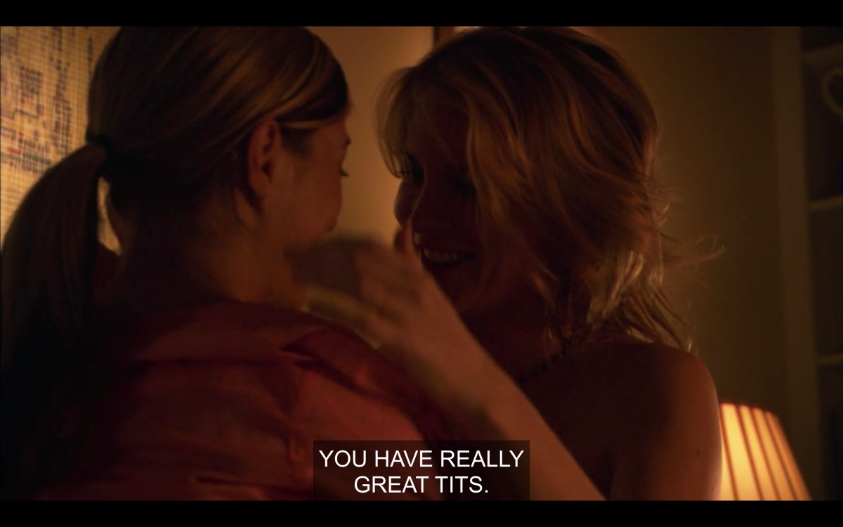 Tina and Brenda are hooking up. Caption reads "You have really great tits"