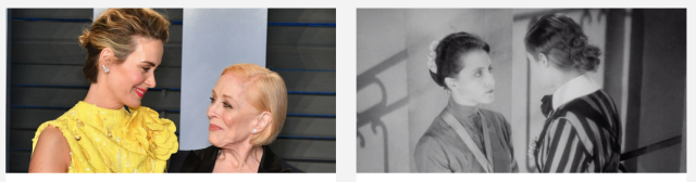 A screenshot of the AS homepage; on the left, a photo of Sarah Paulson and Holland Taylor gazing at each other, smiling; on the right, a still from an old black-and-white movie where two women gaze intensely at each other from about a foot apart.